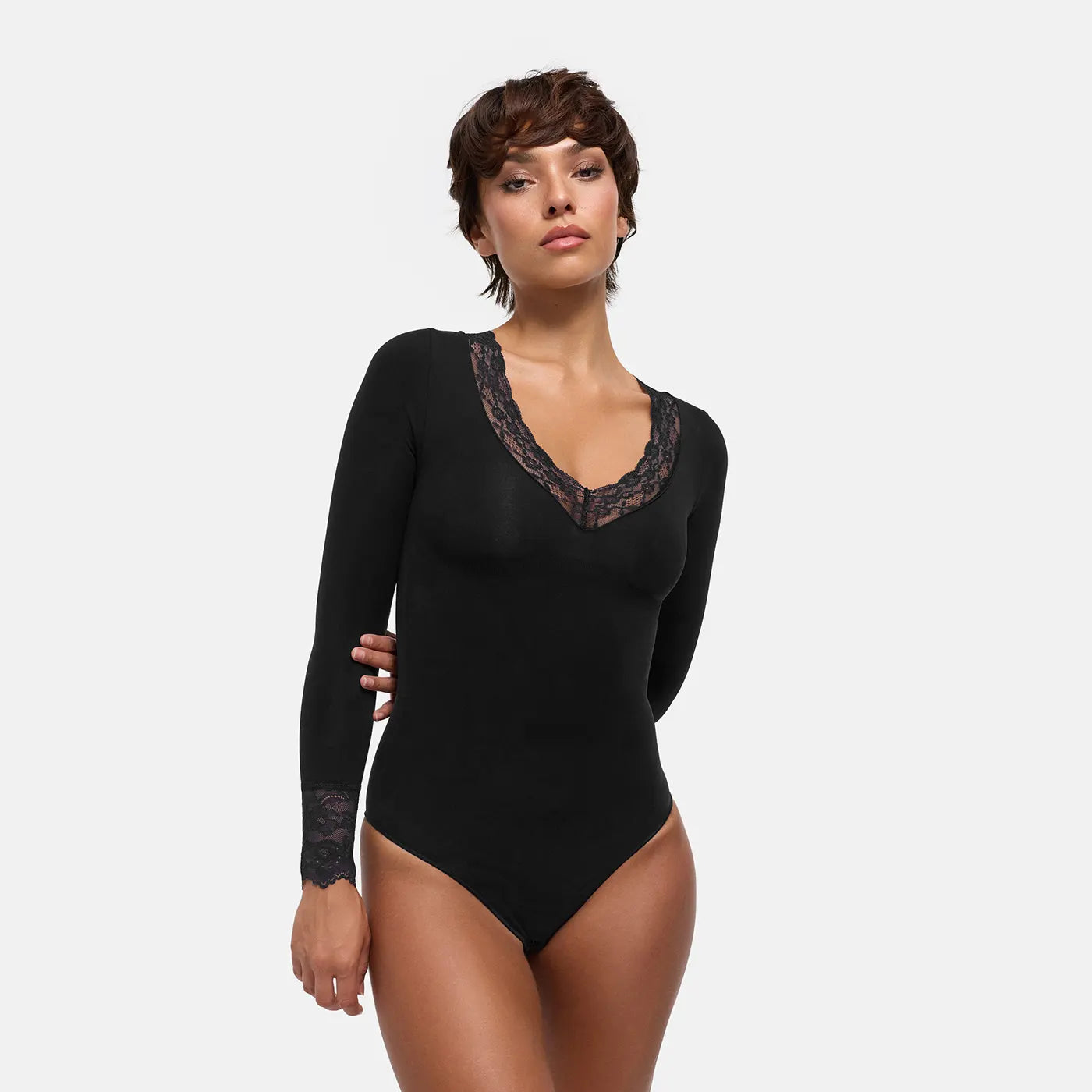 Lace V-Neck Bodysuit Sculpting Shapewear Longsleeve with Thong – cfab