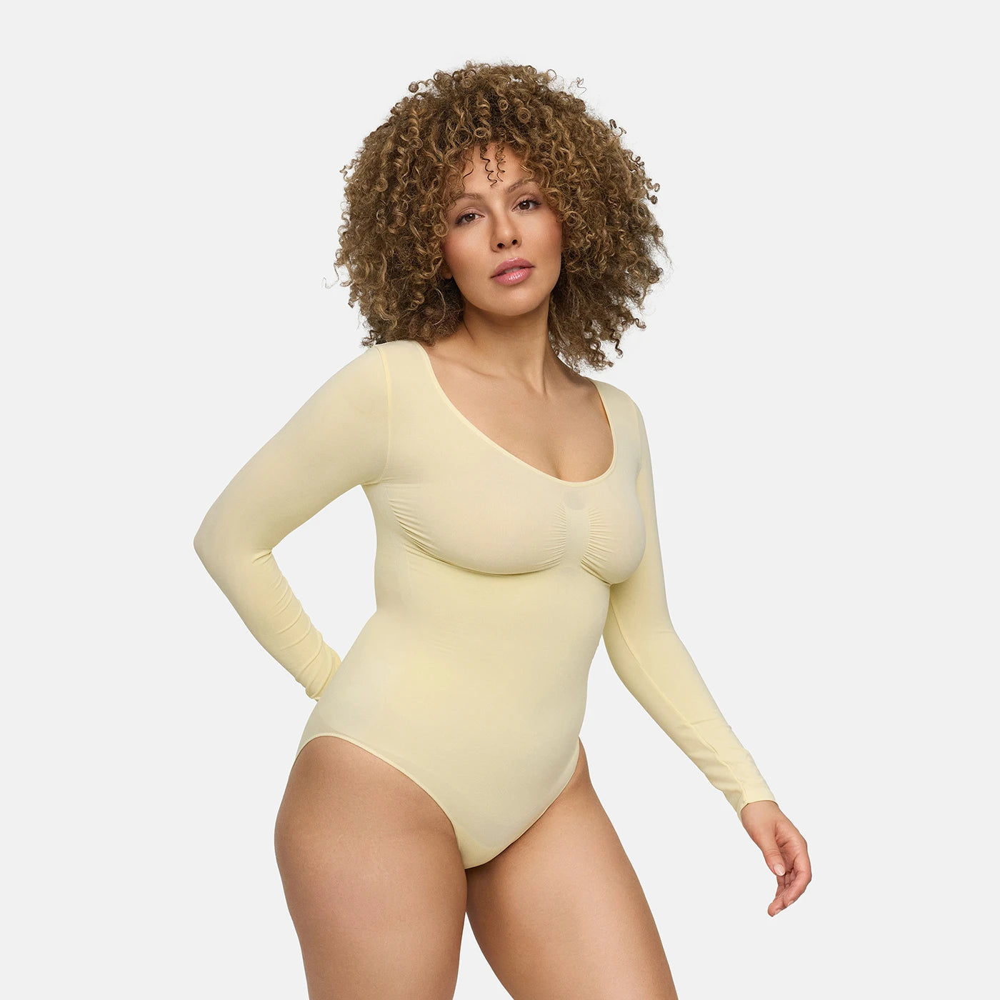 Long-sleeve sculpting bodysuit with built-in briefs