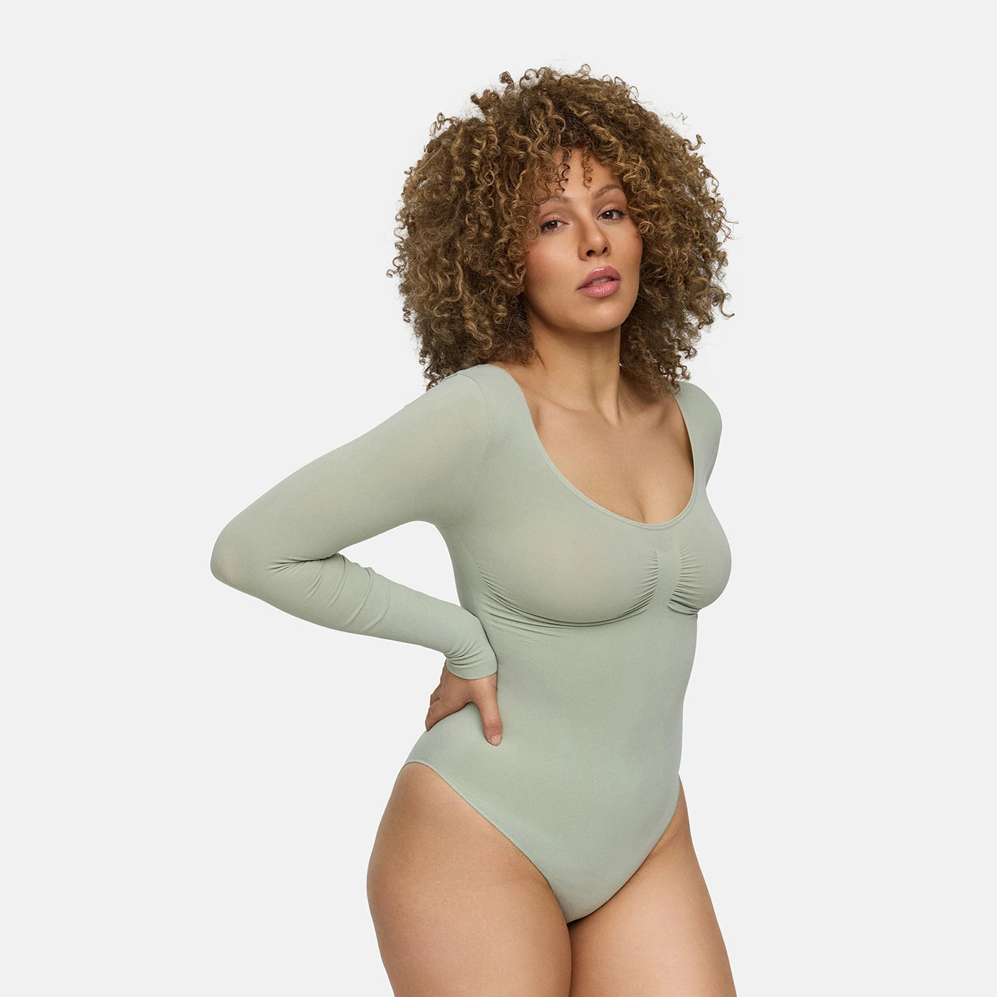 Long-sleeve sculpting bodysuit with built-in briefs