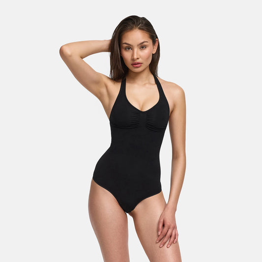 Halter Neck Sculpting Shapewear Bodysuit with Integrated Pads and Thong